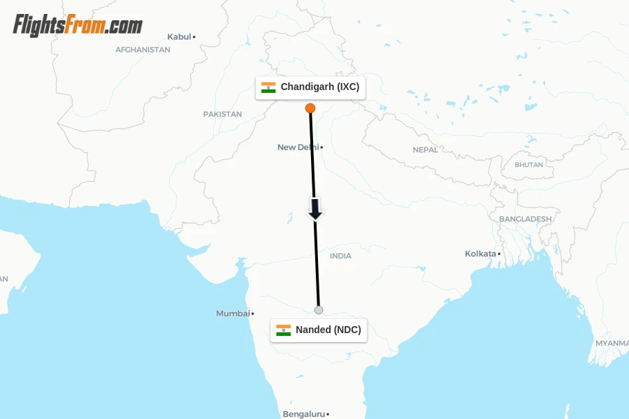 Flights from Chandigarh to Nanded route map