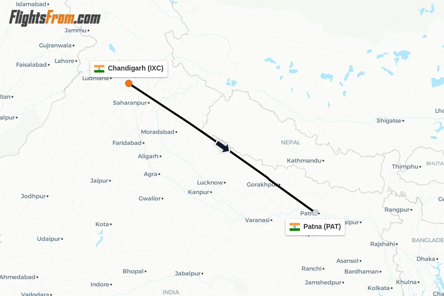 Flights from Chandigarh to Patna route map