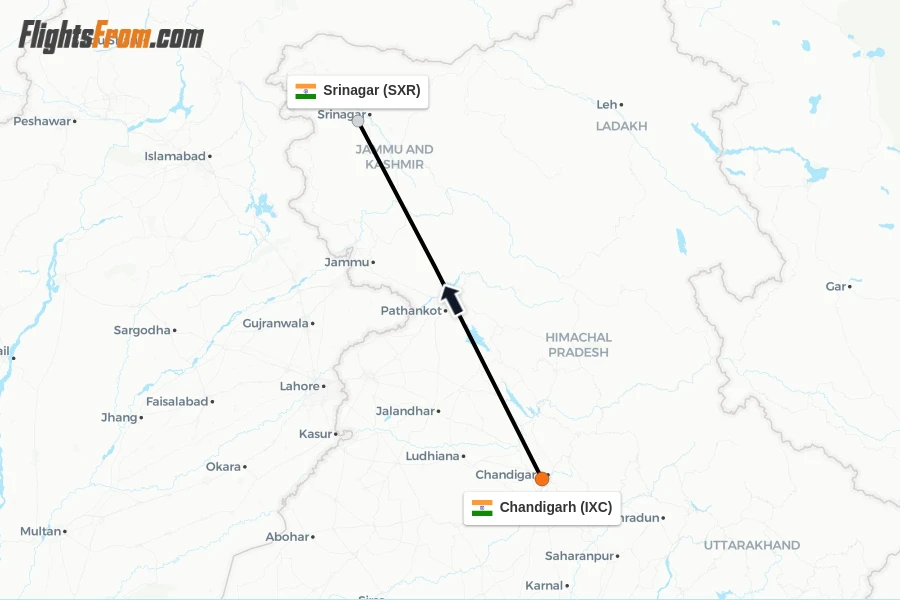 Flights from Chandigarh to Srinagar route map
