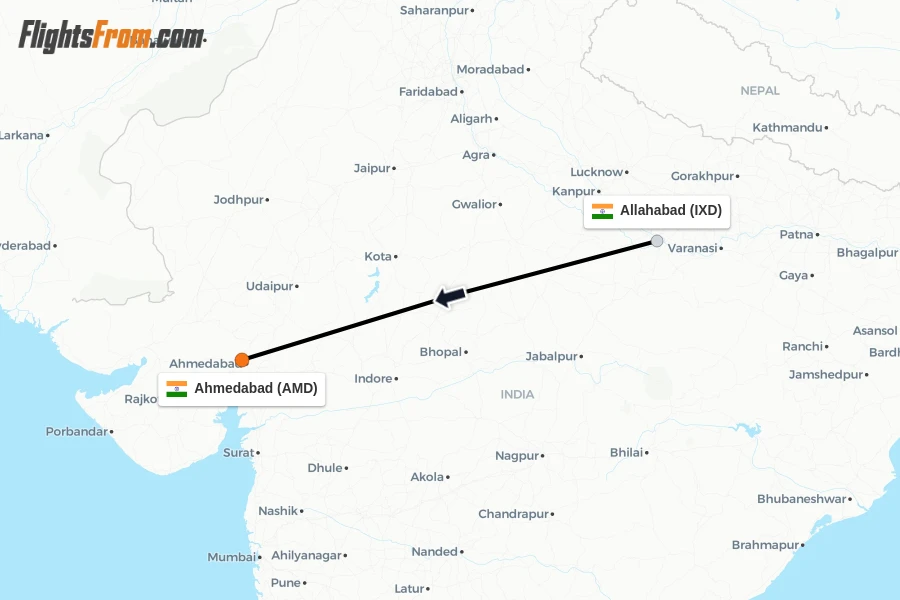 Flights from Allahabad to Ahmedabad route map