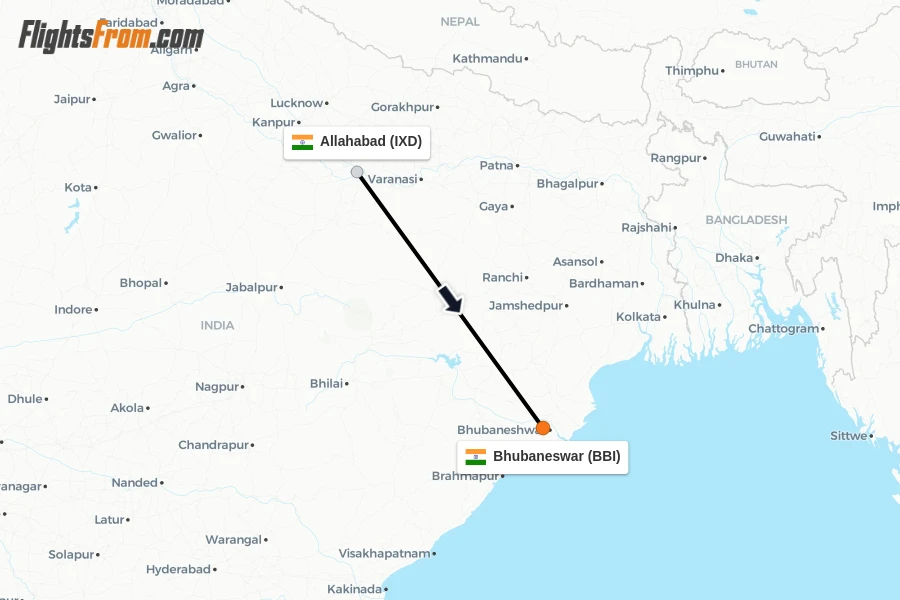 Flights from Allahabad to Bhubaneswar route map