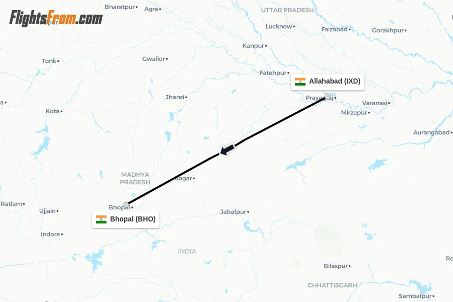 Flights from Allahabad to Bhopal route map