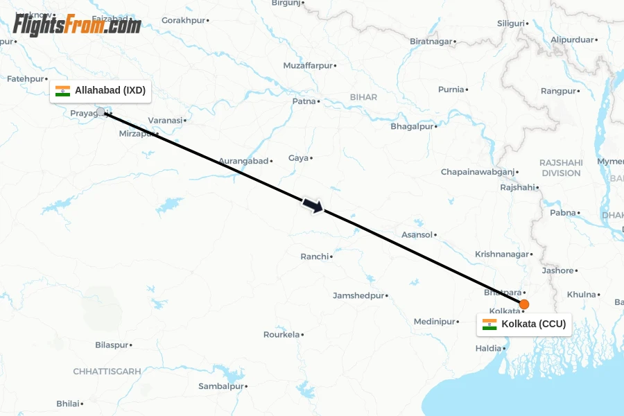 Flights from Allahabad to Kolkata route map