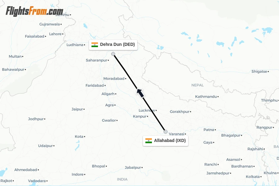 Flights from Allahabad to Dehra Dun route map