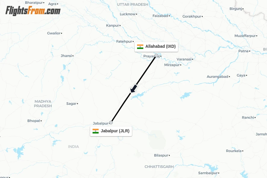 Flights from Allahabad to Jabalpur route map