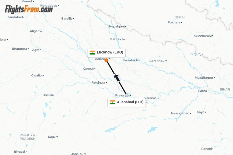 Flights from Allahabad to Lucknow route map