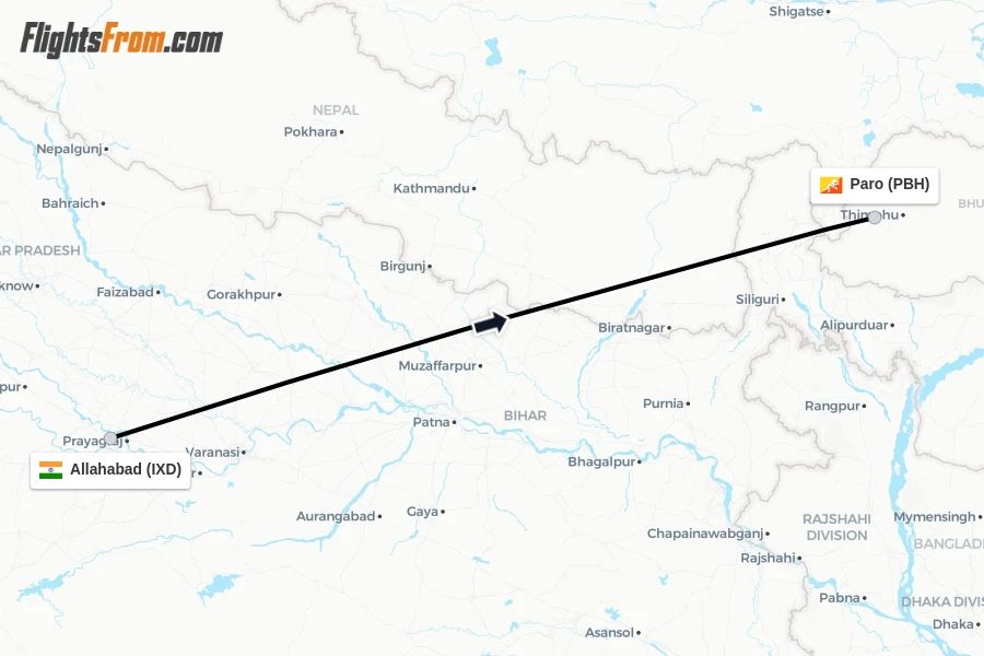 Flights from Allahabad to Paro route map