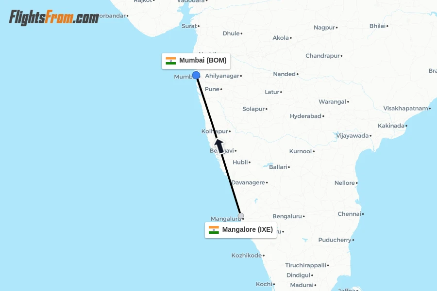 Flights from Mangalore to Mumbai route map