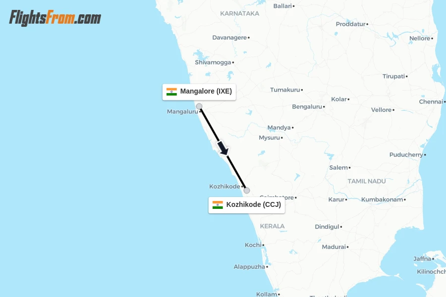 Flights from Mangalore to Kozhikode route map