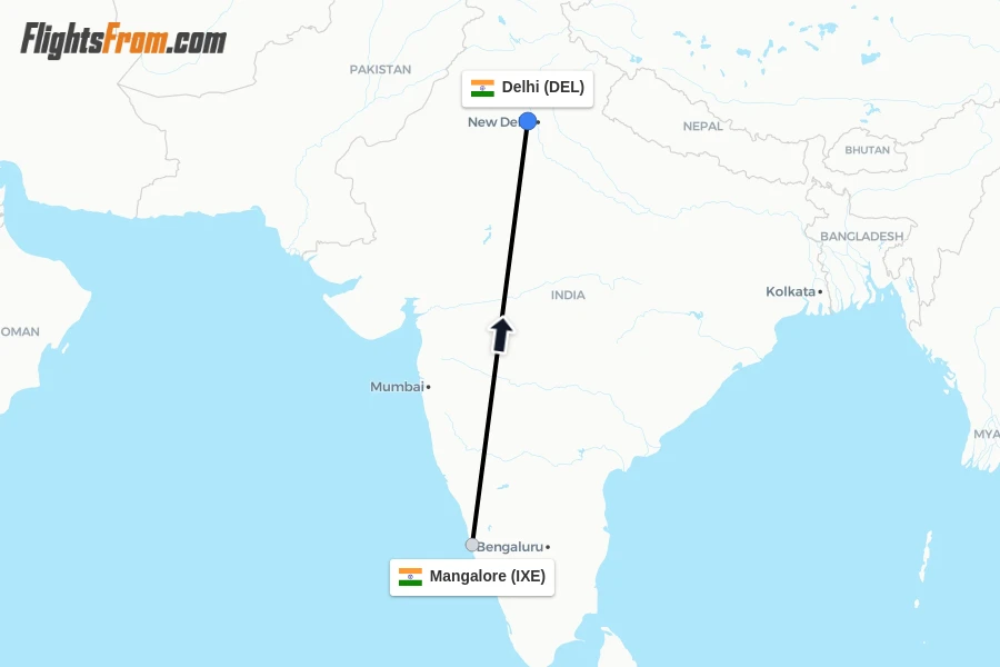 Flights from Mangalore to Delhi route map