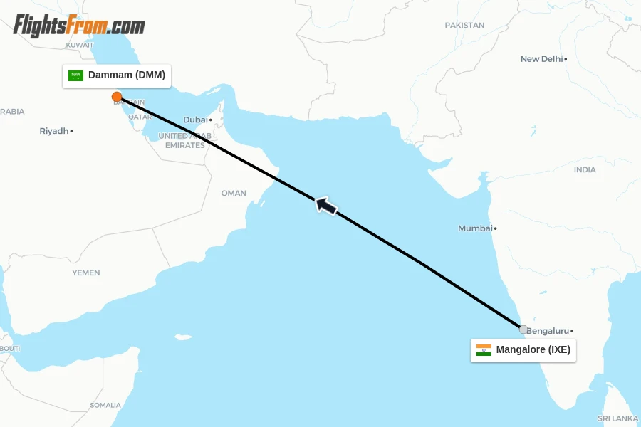 Flights from Mangalore to Dammam route map