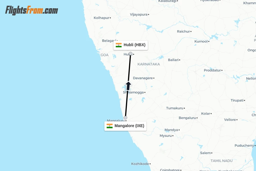 Flights from Mangalore to Hubli route map