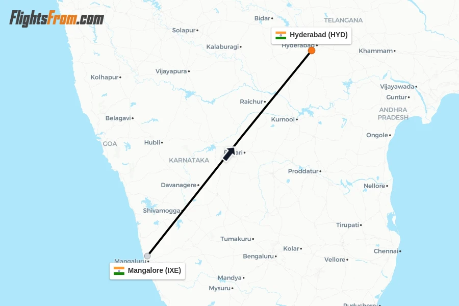 Flights from Mangalore to Hyderabad route map