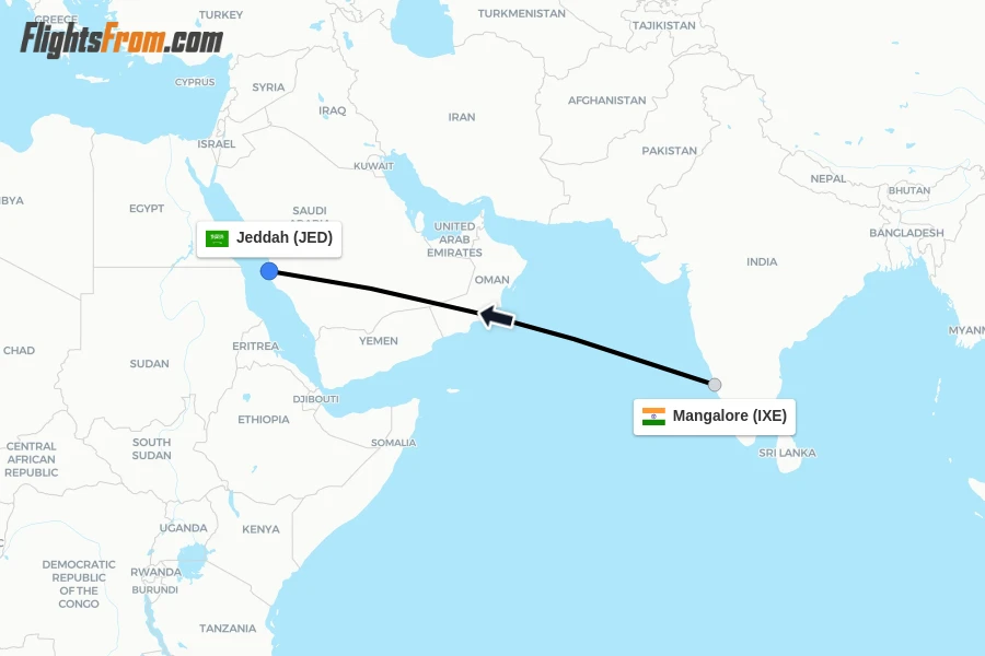Flights from Mangalore to Jeddah route map