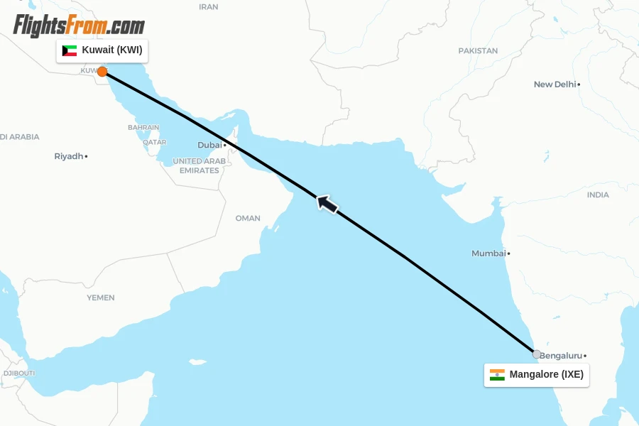 Flights from Mangalore to Kuwait route map