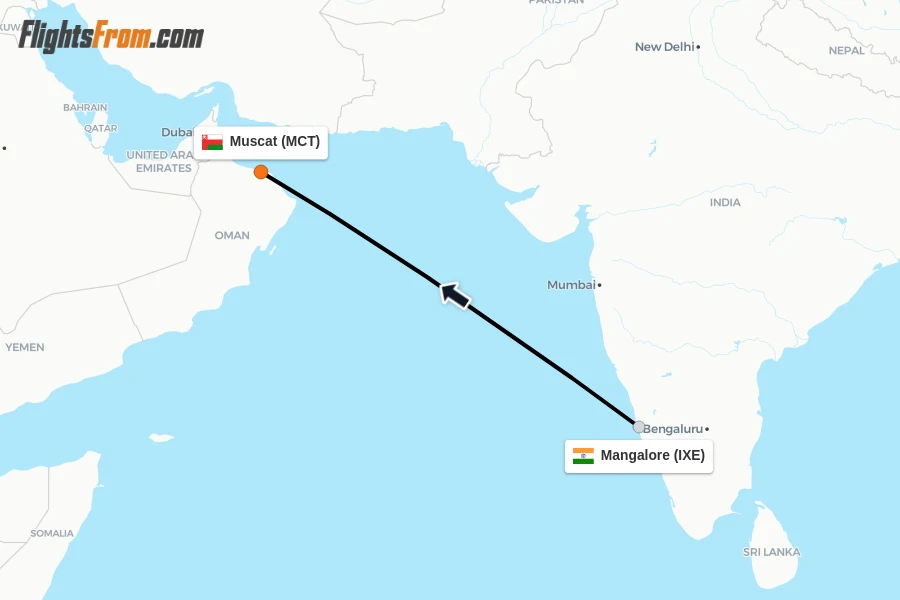 Flights from Mangalore to Muscat route map
