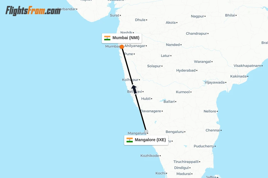 Flights from Mangalore to Mumbai route map