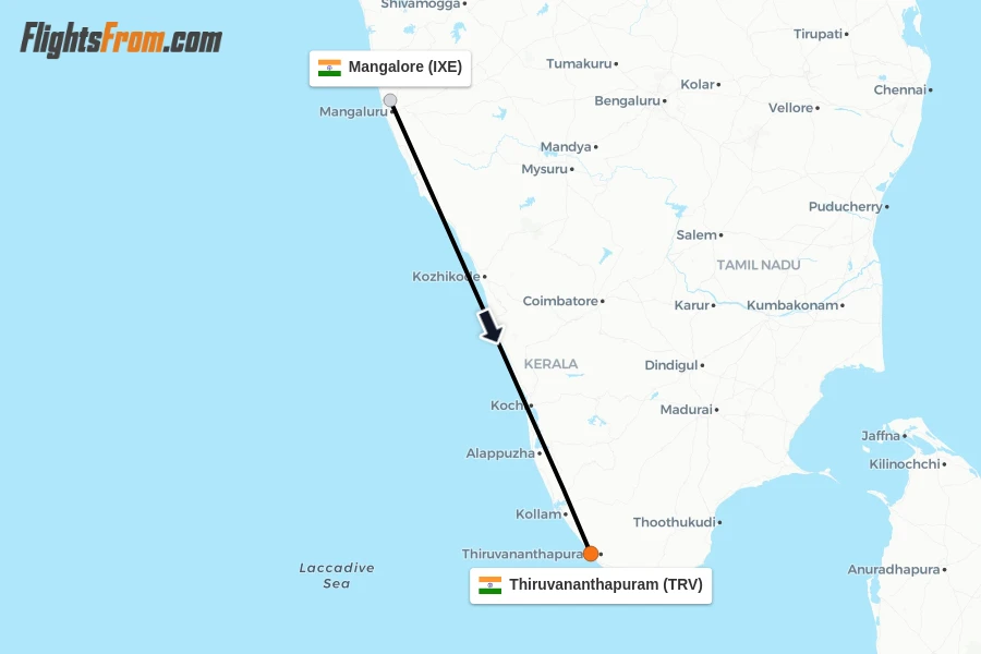 Flights from Mangalore to Thiruvananthapuram route map