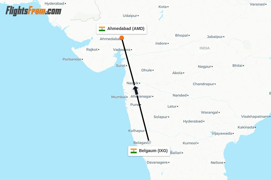 Flights from Belgaum to Ahmedabad route map