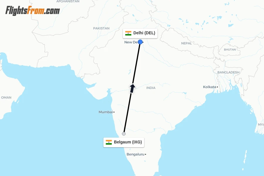 Flights from Belgaum to Delhi route map