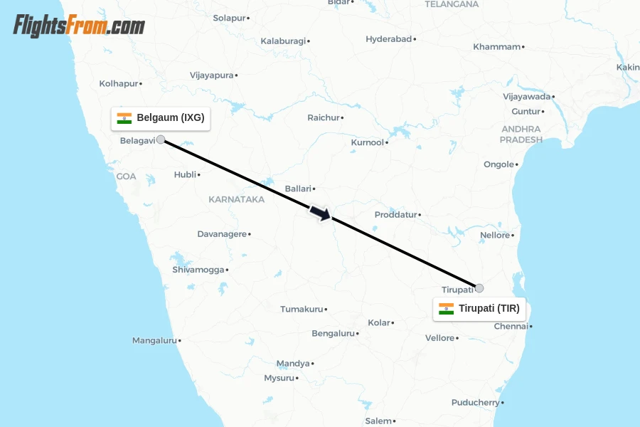 Flights from Belgaum to Tirupati route map
