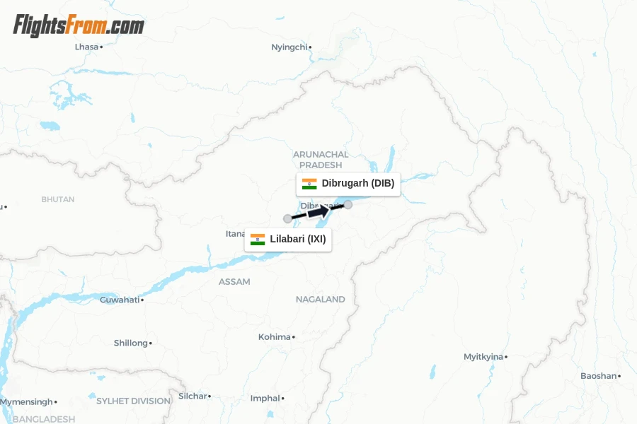 Flights from Lilabari to Dibrugarh route map