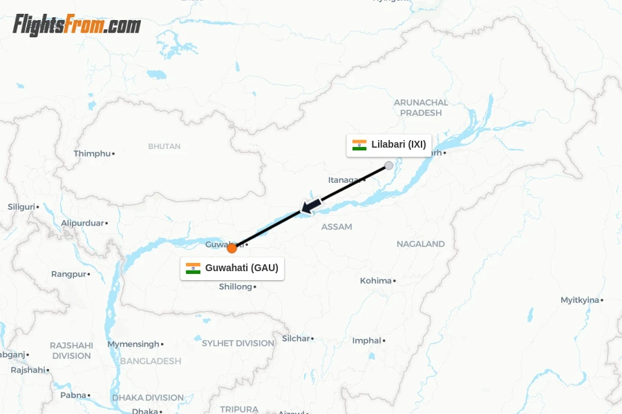Flights from Lilabari to Guwahati route map