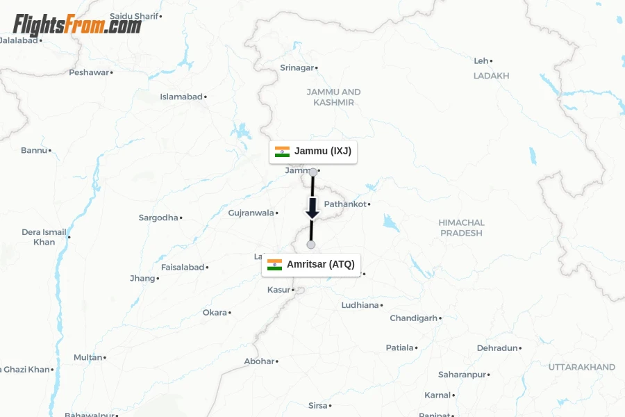 Flights from Jammu to Amritsar route map