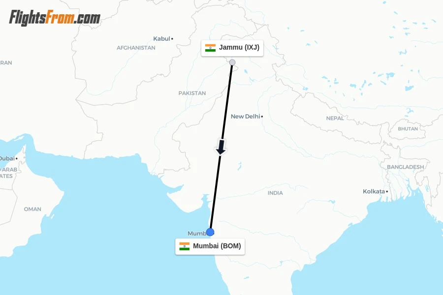 Flights from Jammu to Mumbai route map