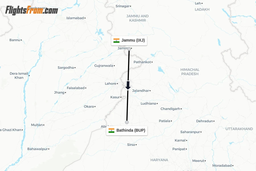 Flights from Jammu to Bathinda route map