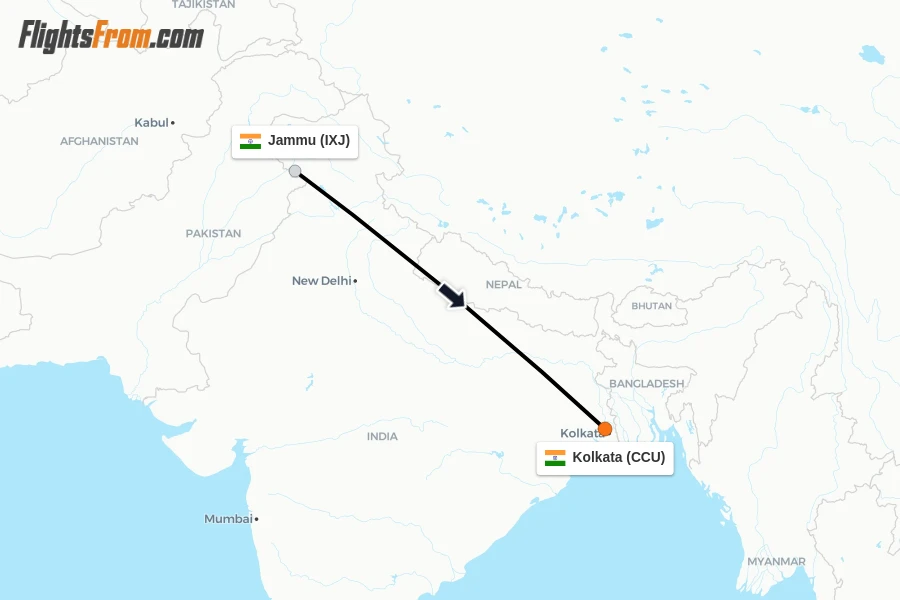 Flights from Jammu to Kolkata route map