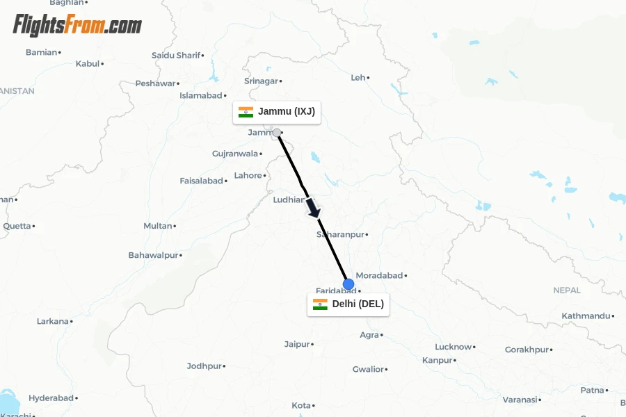 Flights from Jammu to Delhi route map