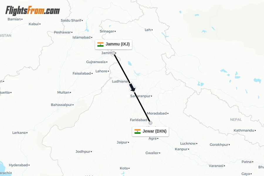 Flights from Jammu to Jewar route map