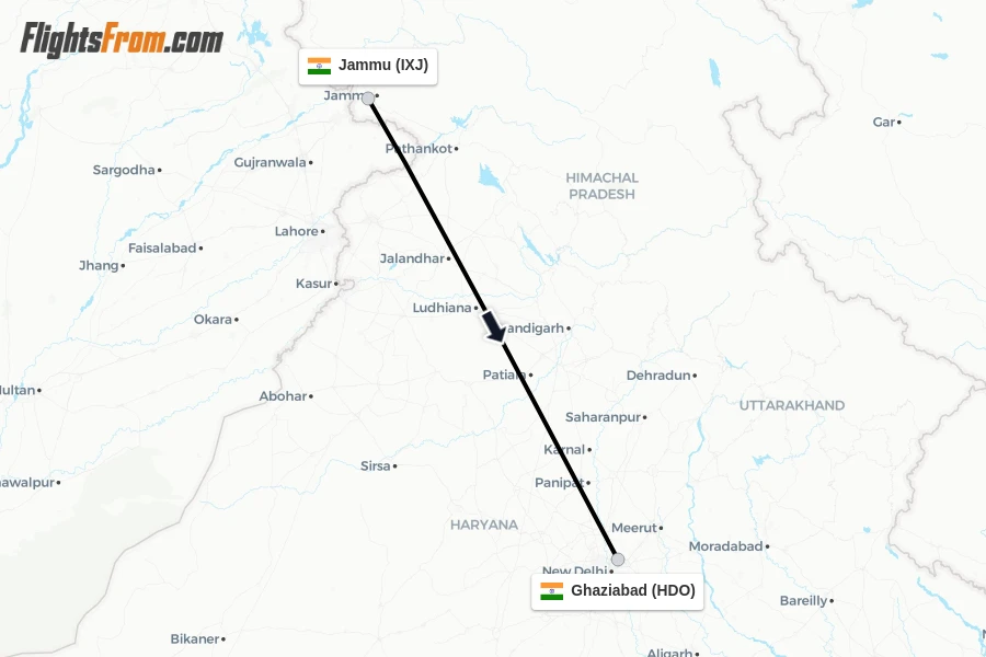 Flights from Jammu to Ghaziabad route map
