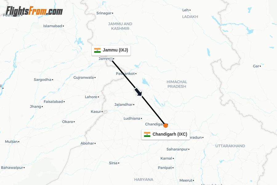 Flights from Jammu to Chandigarh route map