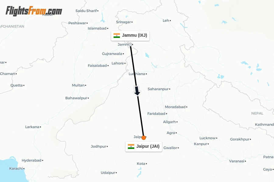 Flights from Jammu to Jaipur route map