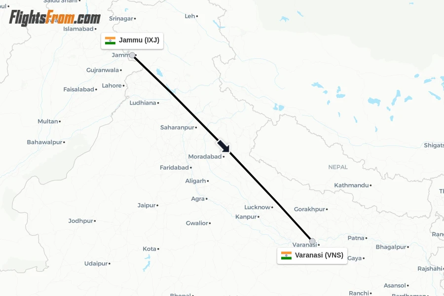 Flights from Jammu to Varanasi route map