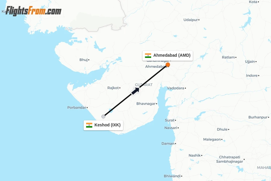 Flights from Keshod to Ahmedabad route map