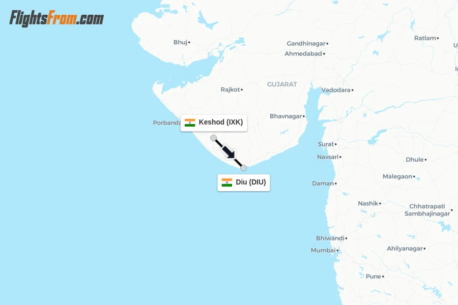 Flights from Keshod to Diu route map