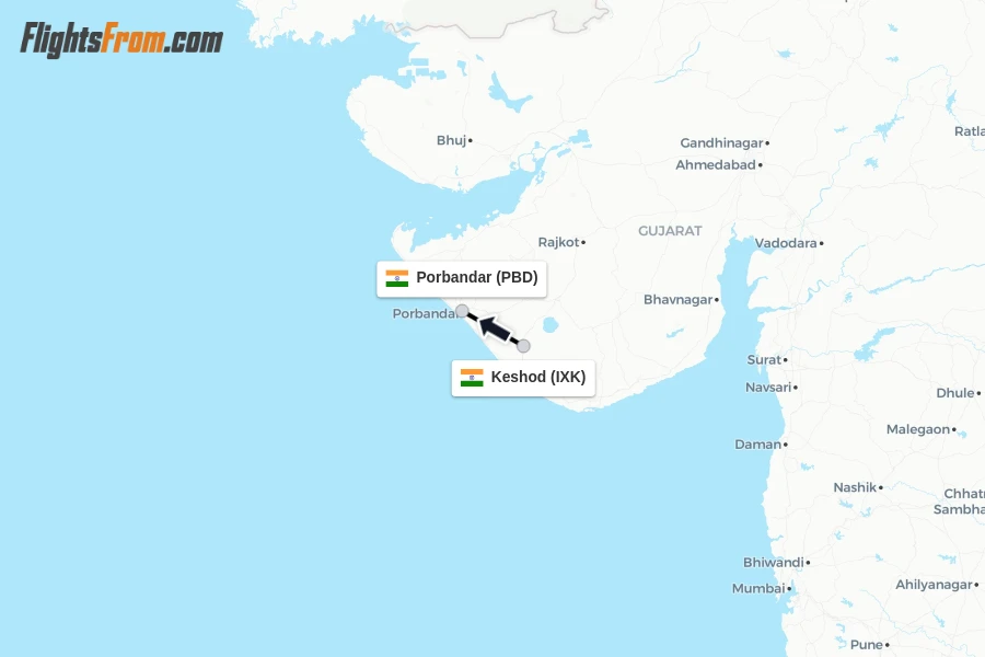 Flights from Keshod to Porbandar route map