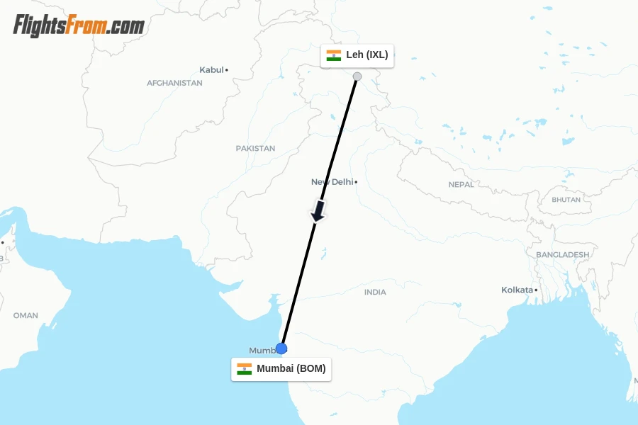 Flights from Leh to Mumbai route map
