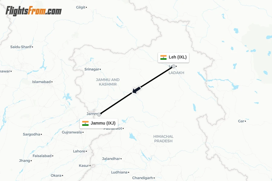 Flights from Leh to Jammu route map