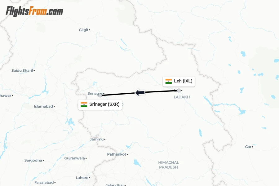 Flights from Leh to Srinagar route map