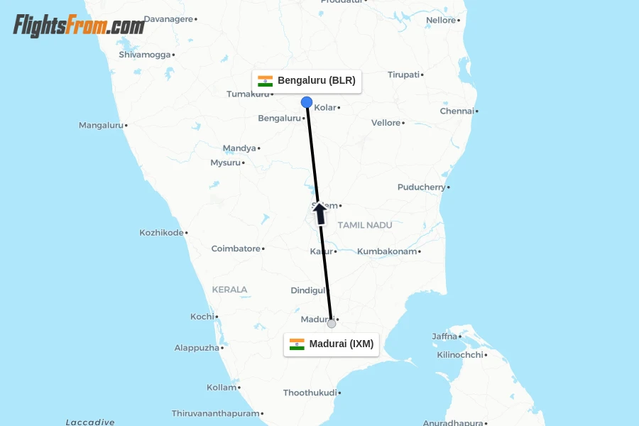 Flights from Madurai to Bengaluru route map