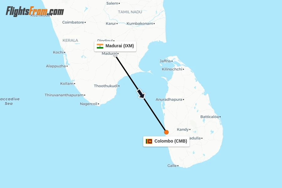 Flights from Madurai to Colombo route map