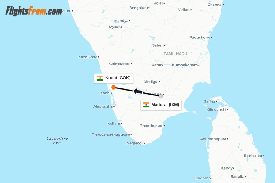 Flights from Madurai to Kochi route map