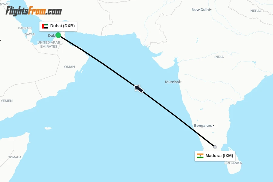 Flights from Madurai to Dubai route map