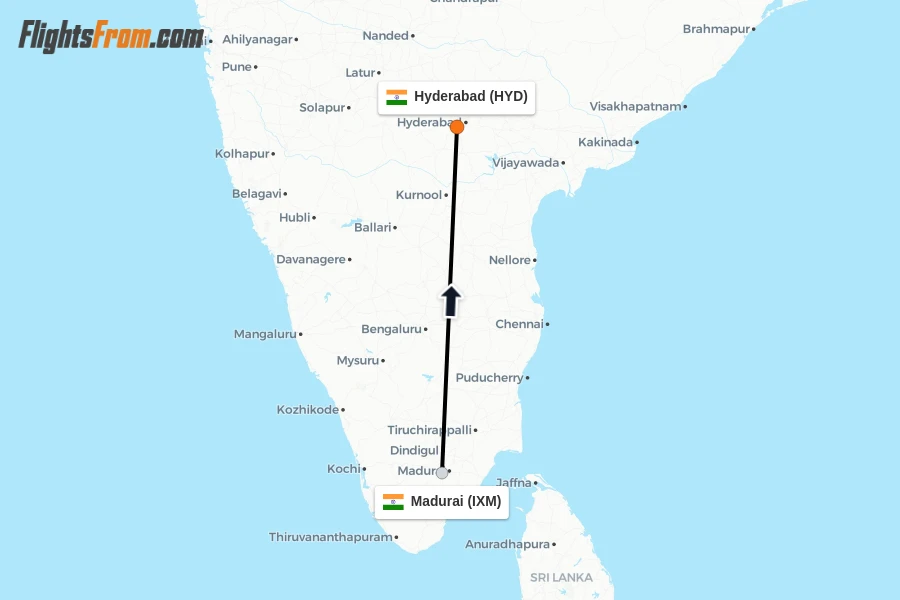 Flights from Madurai to Hyderabad route map
