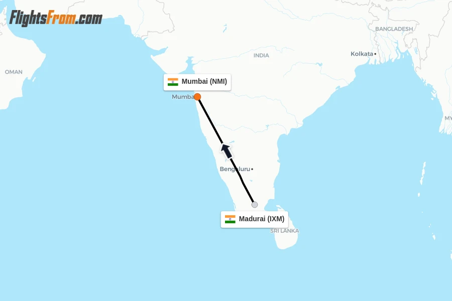 Flights from Madurai to Mumbai route map