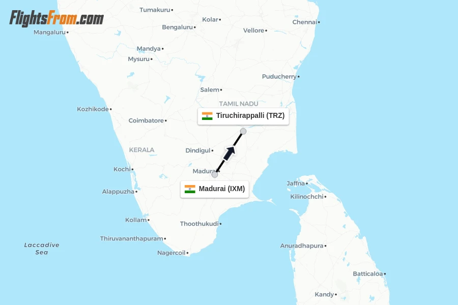 Flights from Madurai to Tiruchirappalli route map